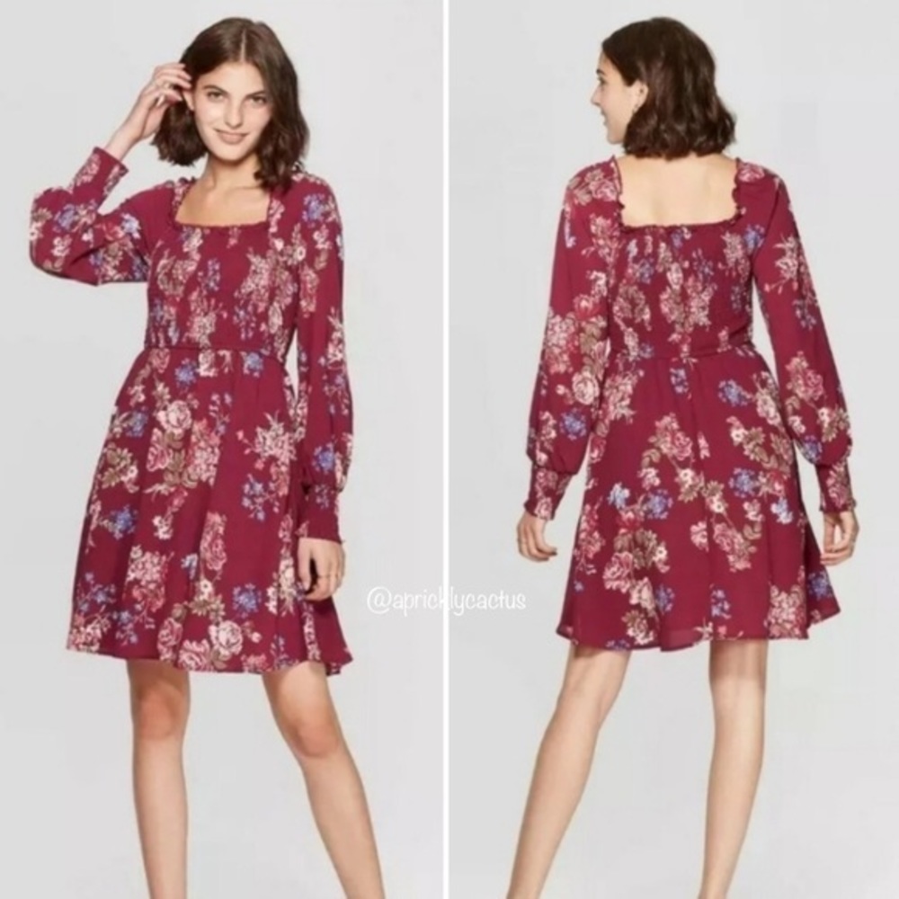 CLEARANCE NEW Burgundy Maroon Wine Floral Smocked Long Sleeve Dress Babydoll